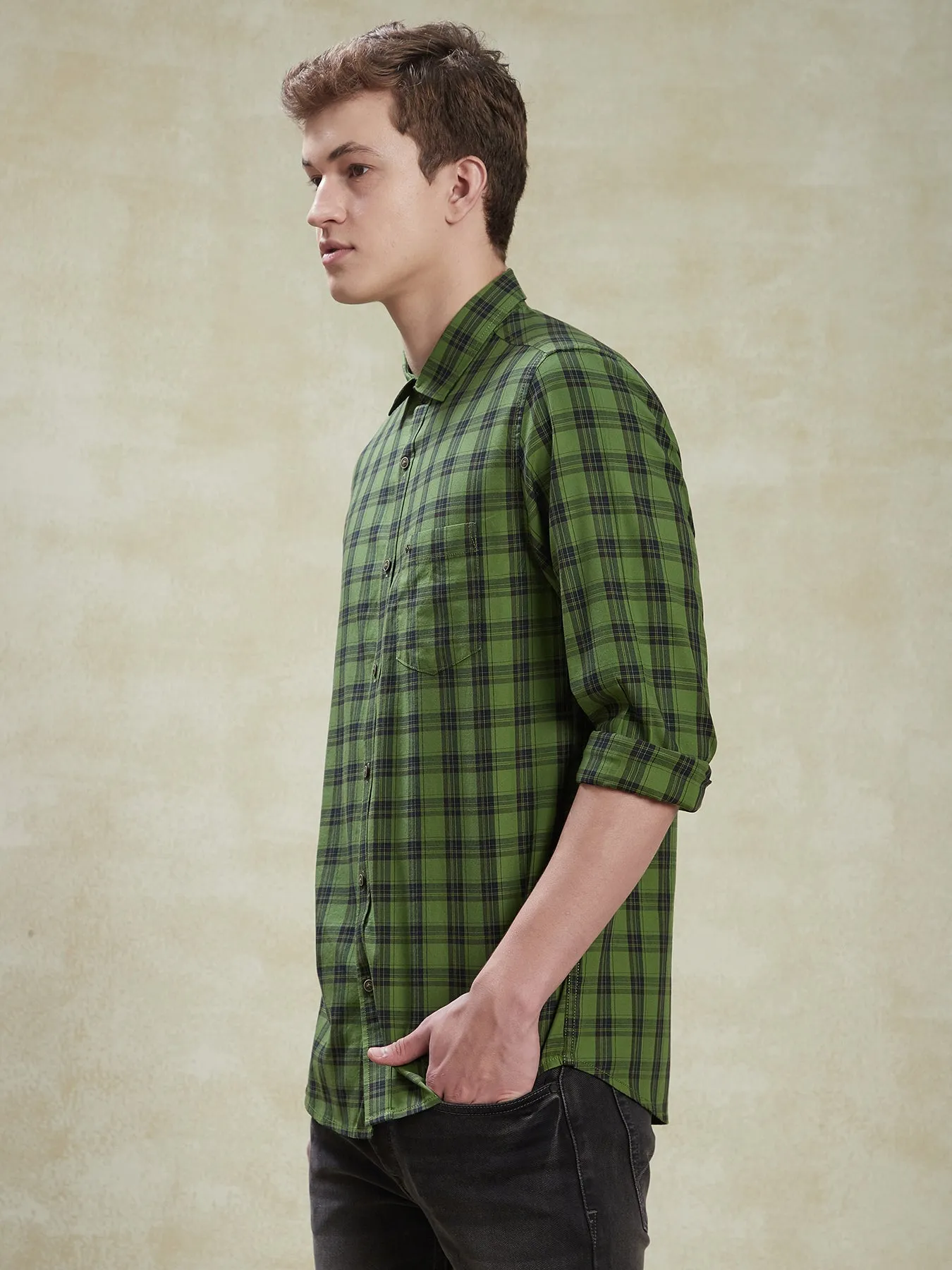 100% Cotton Dark Green Slim Fit Full Sleeve Casual Mens Checkered Shirt