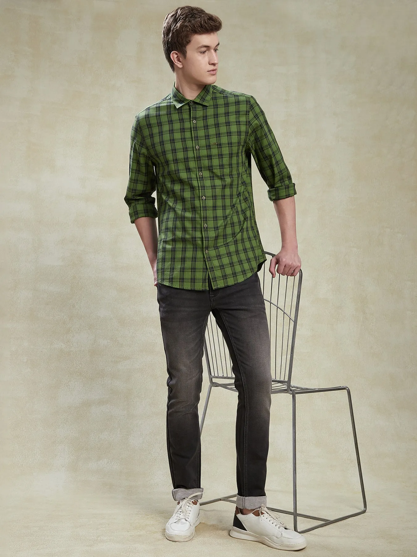 100% Cotton Dark Green Slim Fit Full Sleeve Casual Mens Checkered Shirt