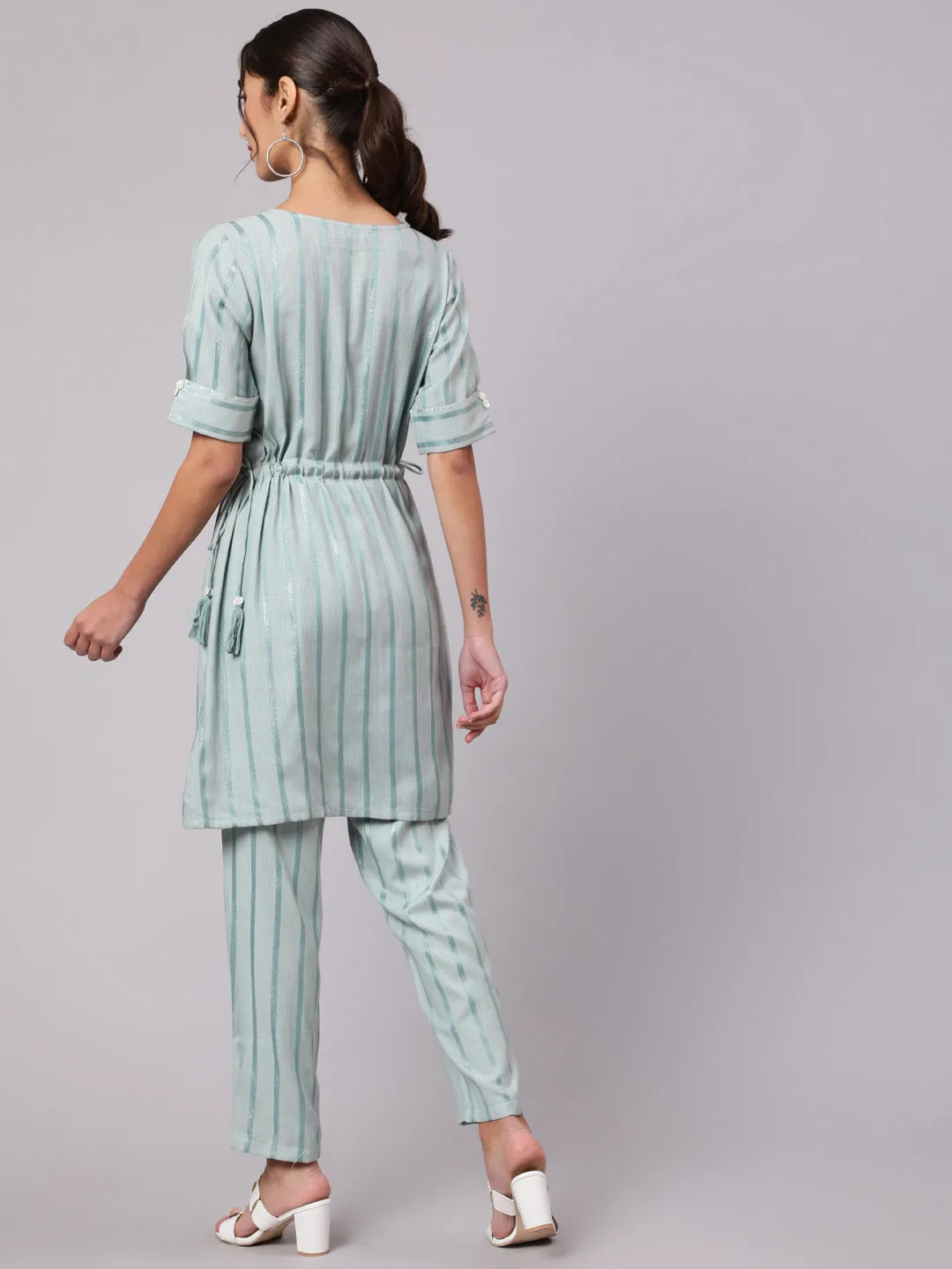 A Blue Rayon Self Weave Embellished Co-Ord Set With A Short Straight Kurta And Straight Pants