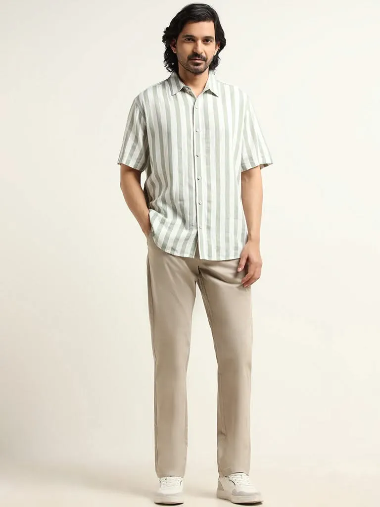 Ascot Sage Striped Relaxed Fit Blended Linen Shirt