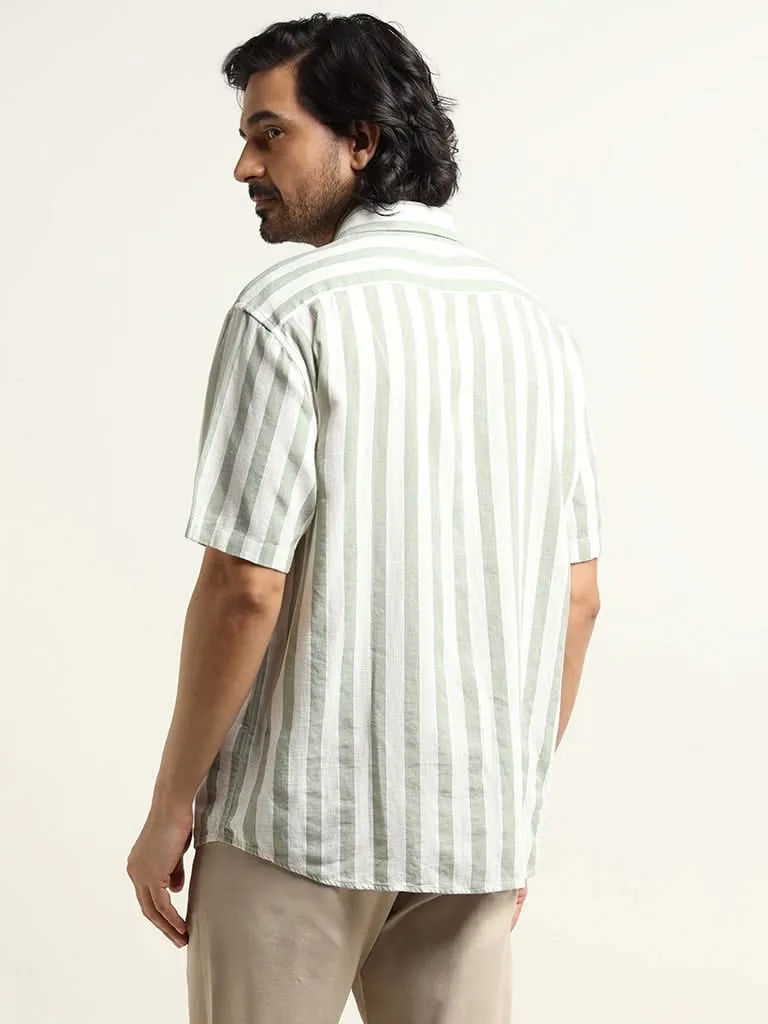 Ascot Sage Striped Relaxed Fit Blended Linen Shirt