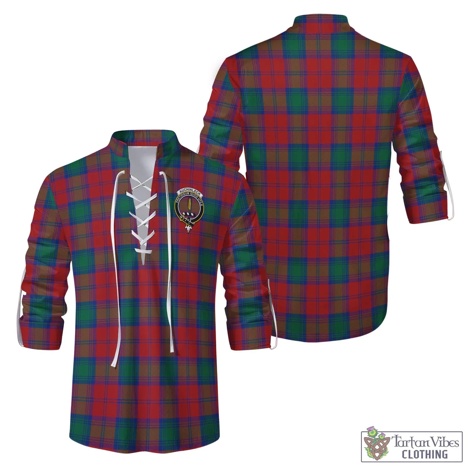 Auchinleck (Affleck) Tartan Men's Scottish Traditional Jacobite Ghillie Kilt Shirt with Family Crest