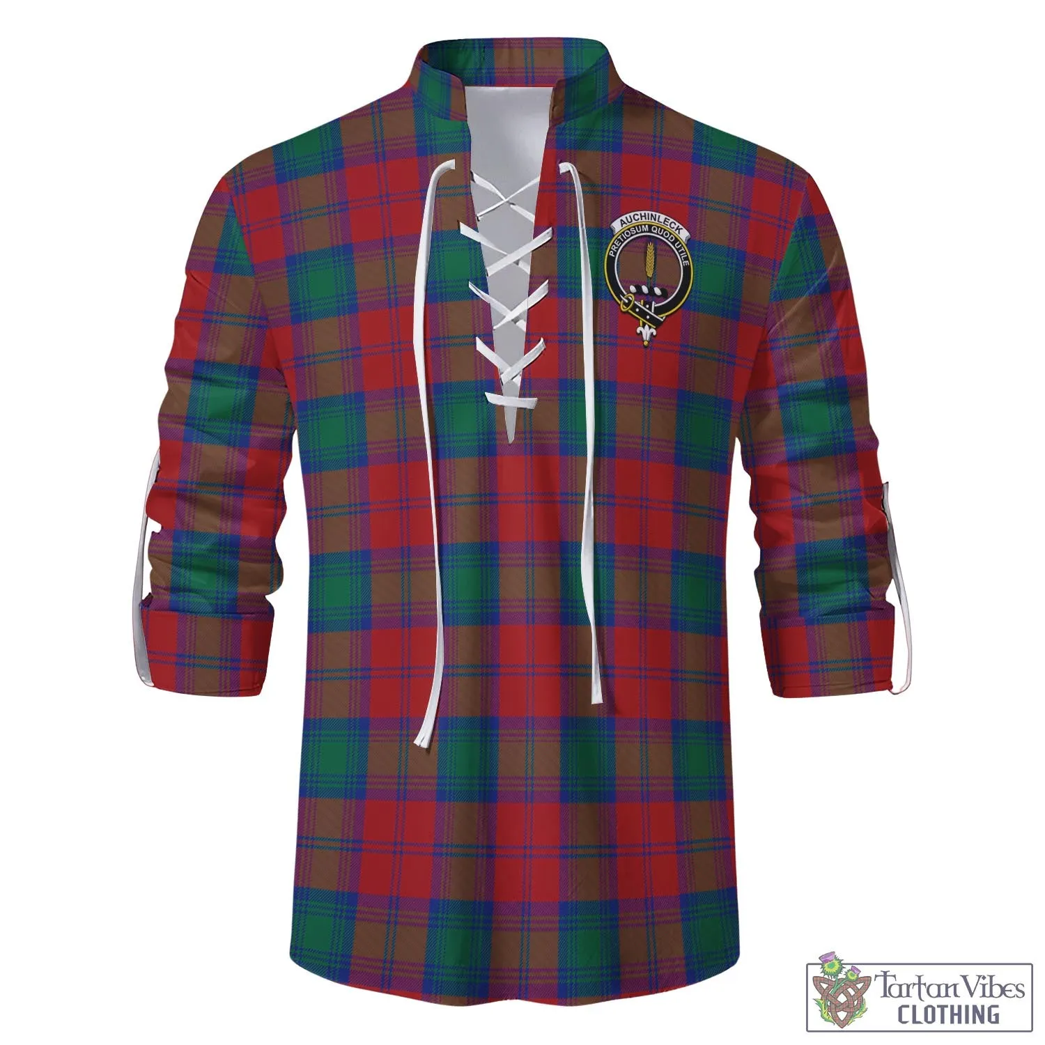 Auchinleck (Affleck) Tartan Men's Scottish Traditional Jacobite Ghillie Kilt Shirt with Family Crest