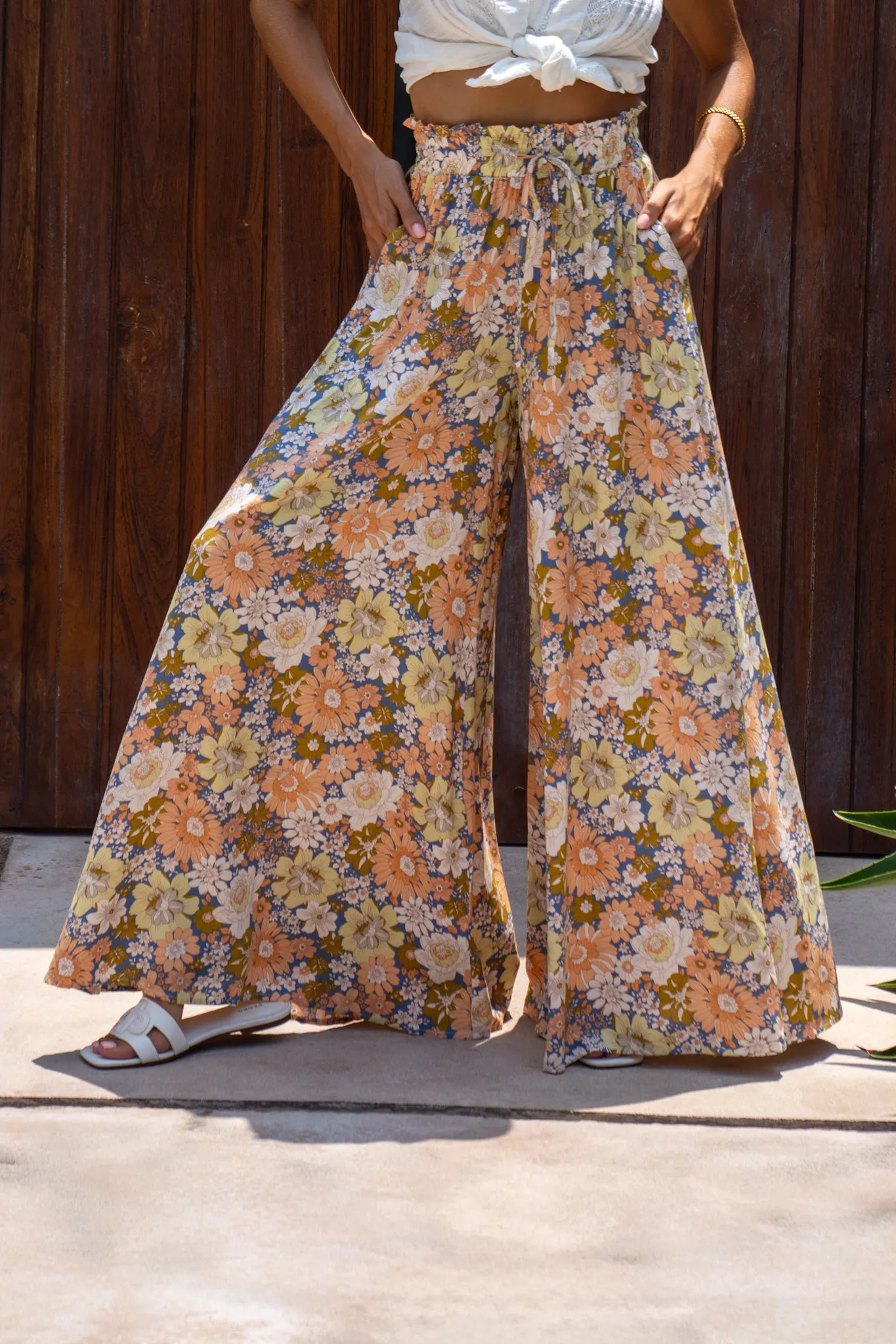 Aurelie Orange Blue Floral Wide Leg Pants