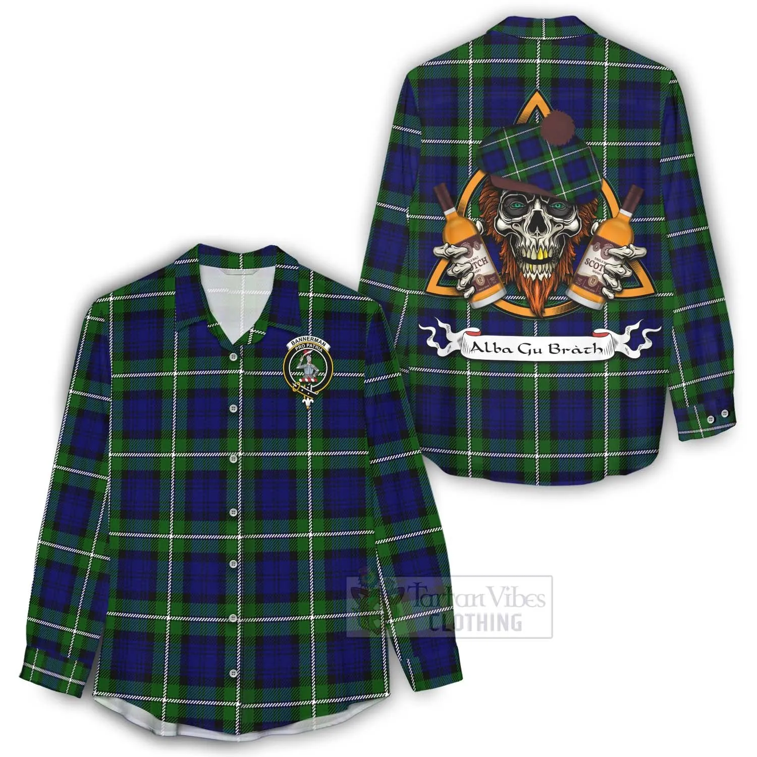 Bannerman Tartan Women's Casual Shirt with Family Crest and Bearded Skull Holding Bottles of Whiskey