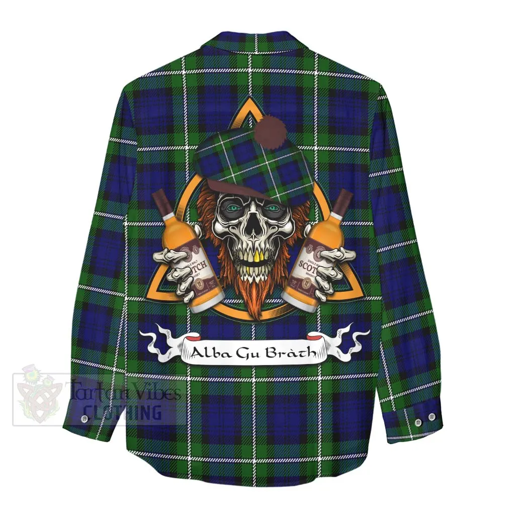 Bannerman Tartan Women's Casual Shirt with Family Crest and Bearded Skull Holding Bottles of Whiskey