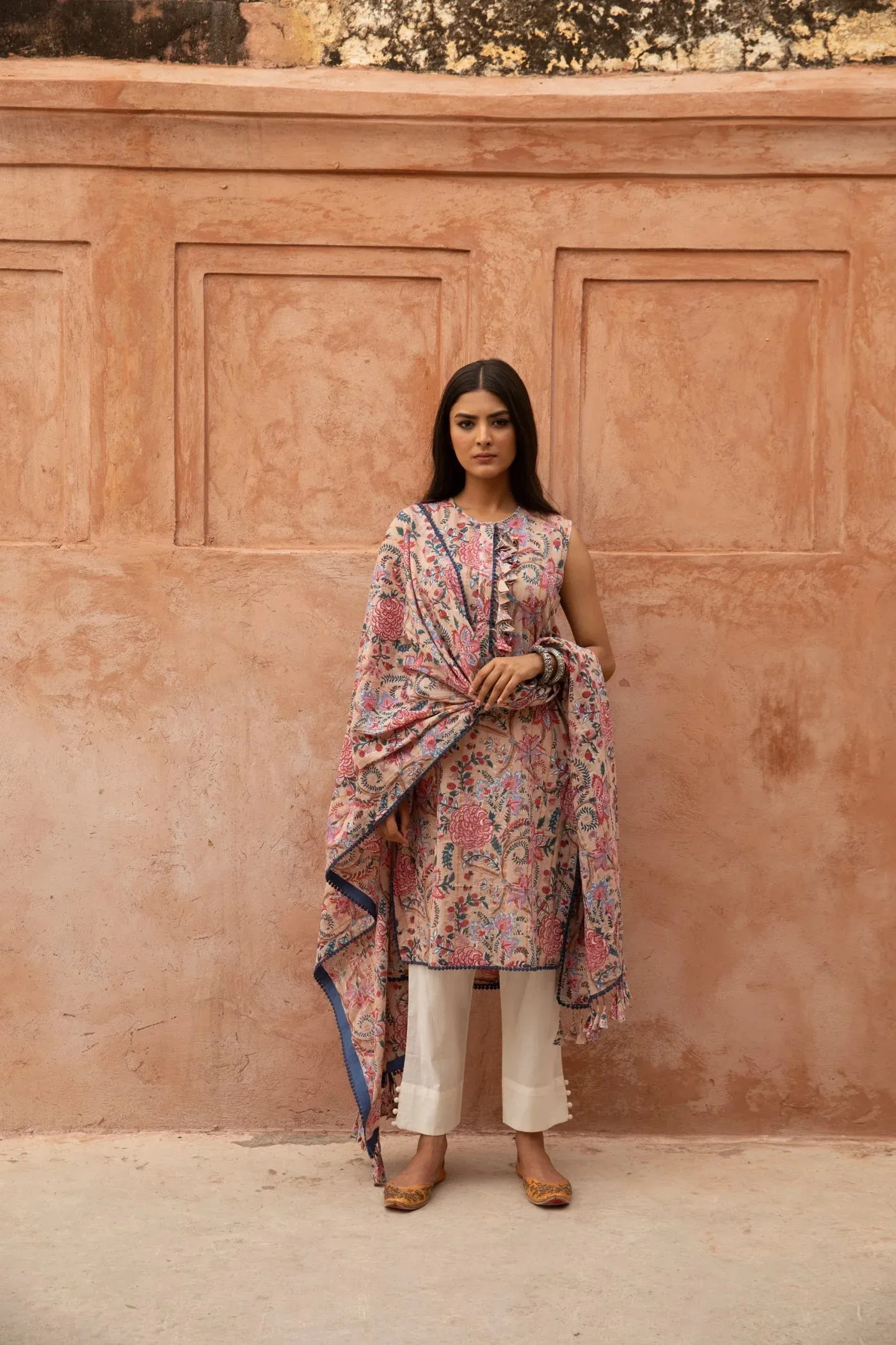 Beige Cotton Floral Printed Kurta Set