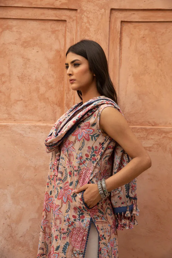 Beige Cotton Floral Printed Kurta Set