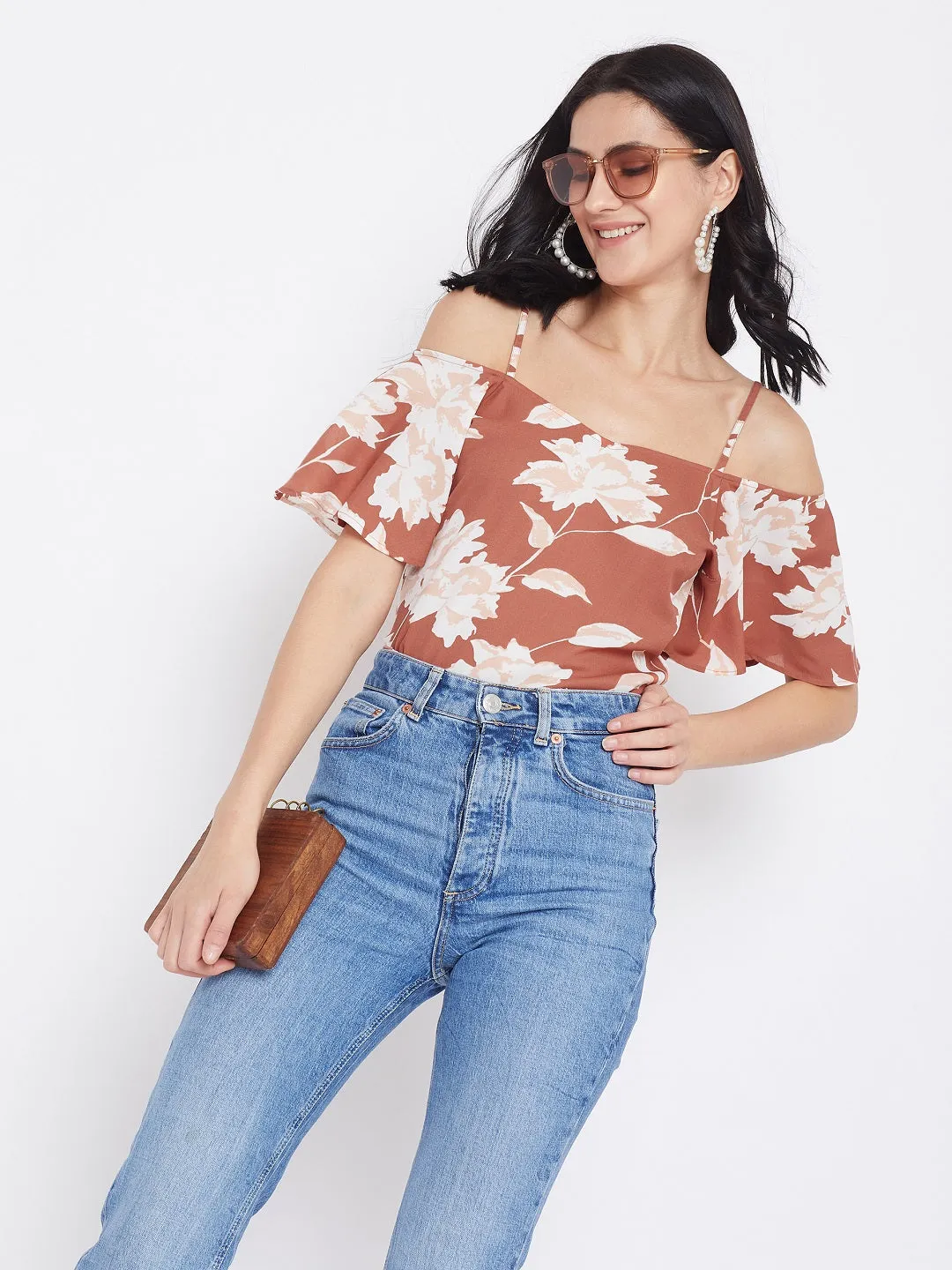 Berrylush Women Brown Floral Printed Cold Shoulder Bardot Top