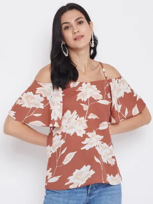 Berrylush Women Brown Floral Printed Cold Shoulder Bardot Top