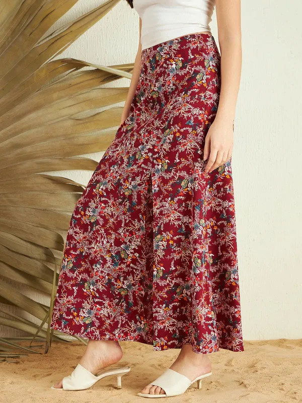 Berrylush Women Maroon & Blue Floral Printed High-Rise Waist Crepe Side-Slit Flared A-Line Maxi Skirt