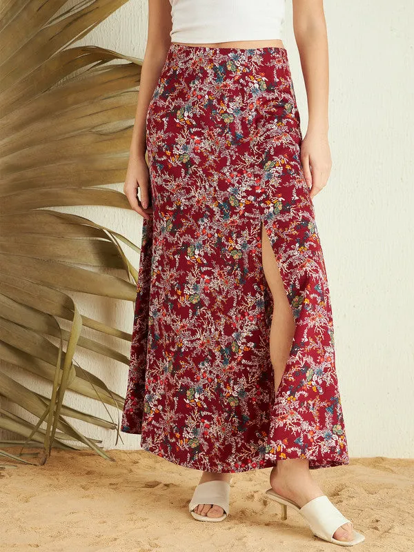 Berrylush Women Maroon & Blue Floral Printed High-Rise Waist Crepe Side-Slit Flared A-Line Maxi Skirt