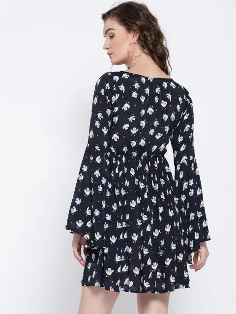 Berrylush Women Navy Blue Floral Printed Round Neck Fit & Flare Mini Dress