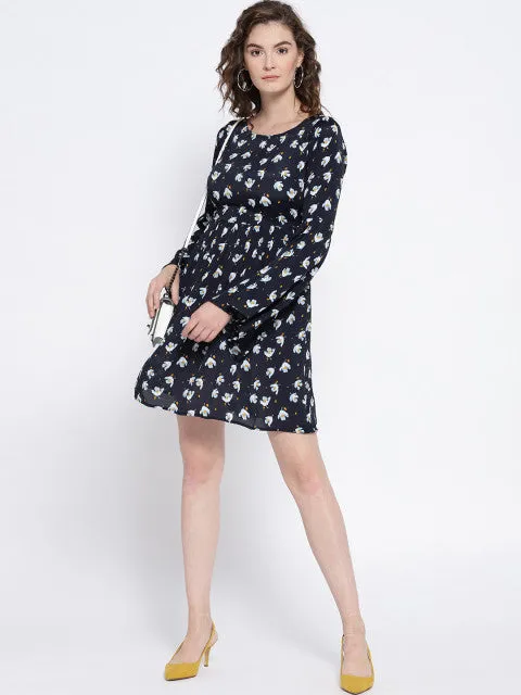 Berrylush Women Navy Blue Floral Printed Round Neck Fit & Flare Mini Dress