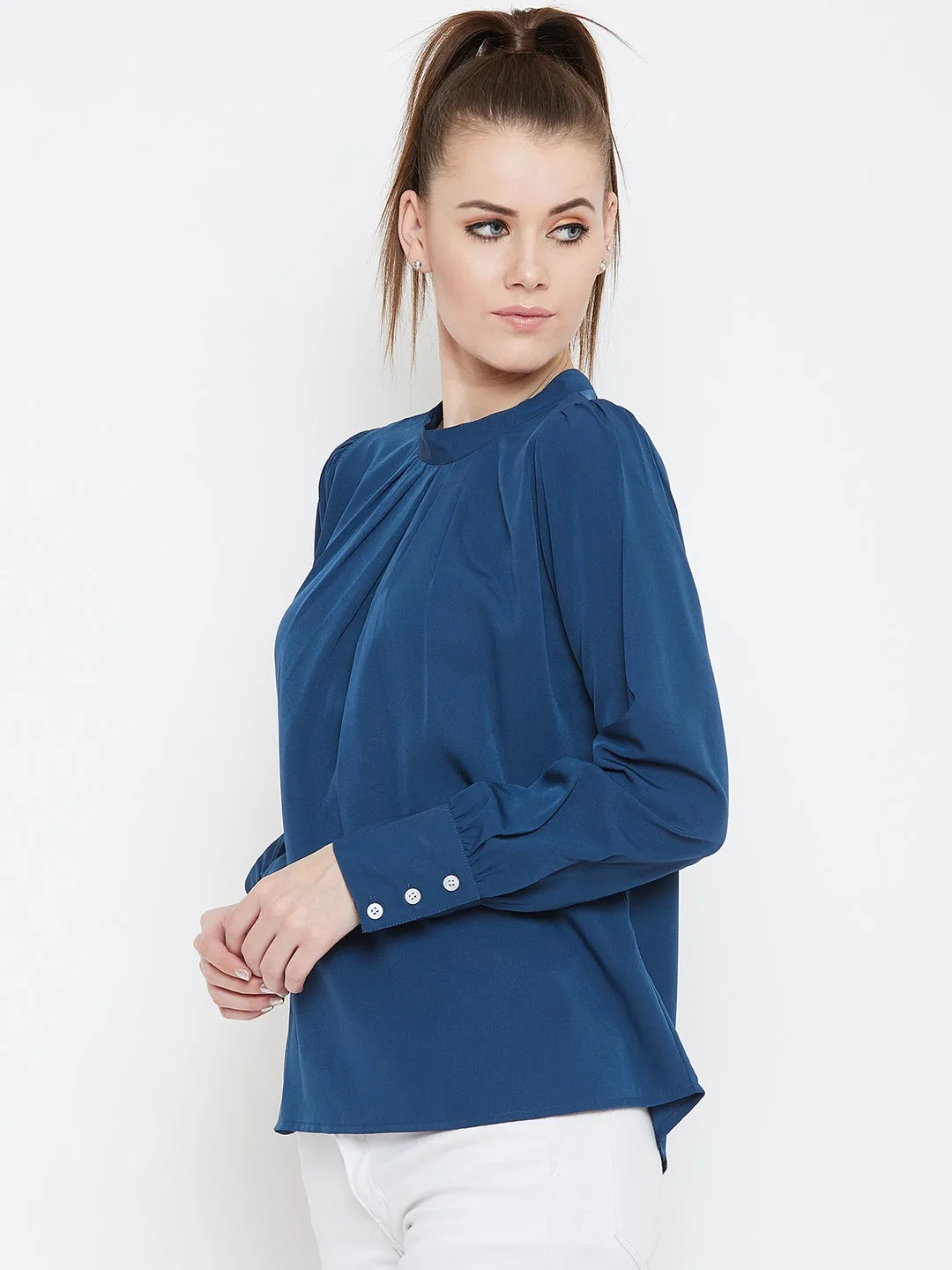 Berrylush Women Solid Blue High Neck Cuffed Sleeves Crepe Regular Top