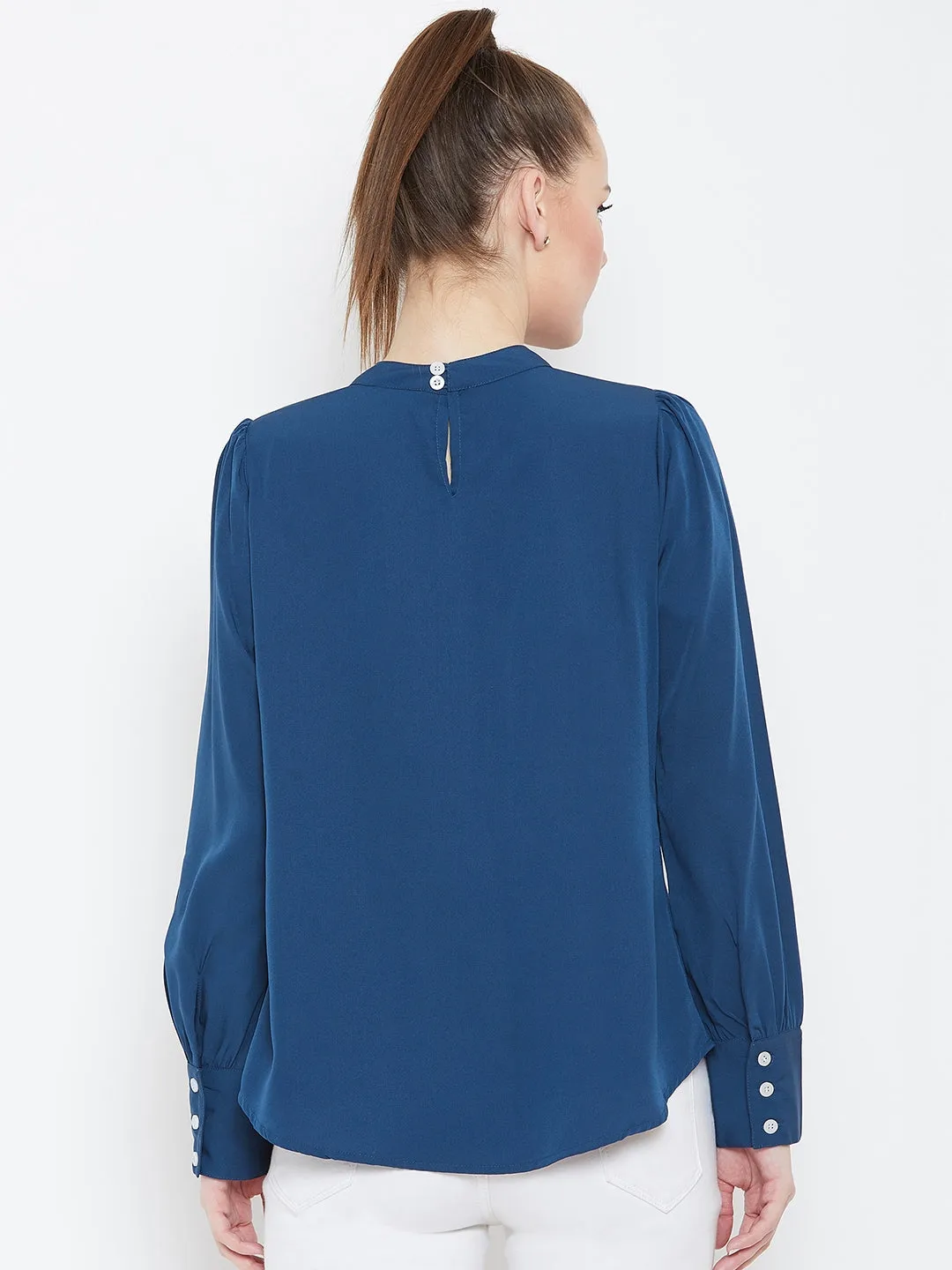 Berrylush Women Solid Blue High Neck Cuffed Sleeves Crepe Regular Top