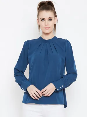 Berrylush Women Solid Blue High Neck Cuffed Sleeves Crepe Regular Top