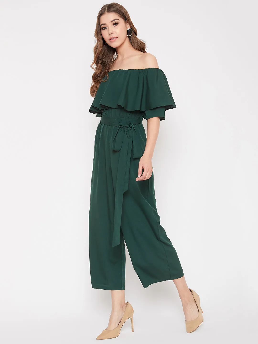 Berrylush Women Solid Green Off-Shoulder Waist Tie-Up Ruffled Jumpsuit