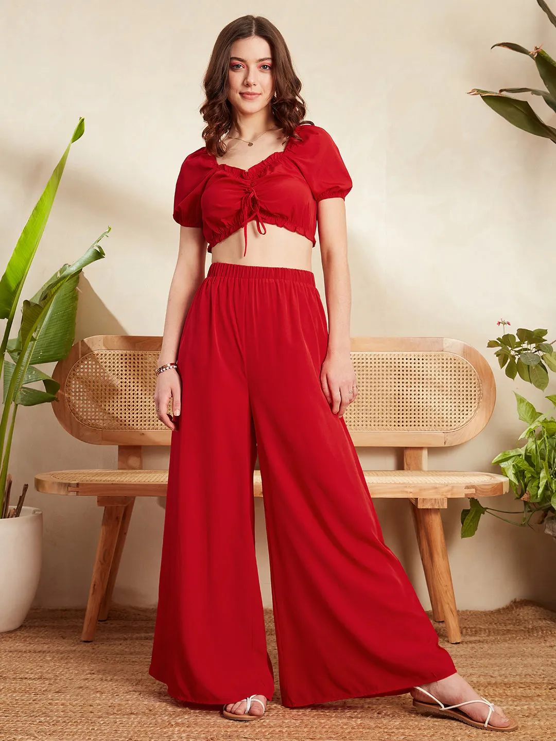 Berrylush Women Solid Red V-Neck Front Tie-Up Frilled Crop Top & Wide-Leg Pants Co-Ord Set