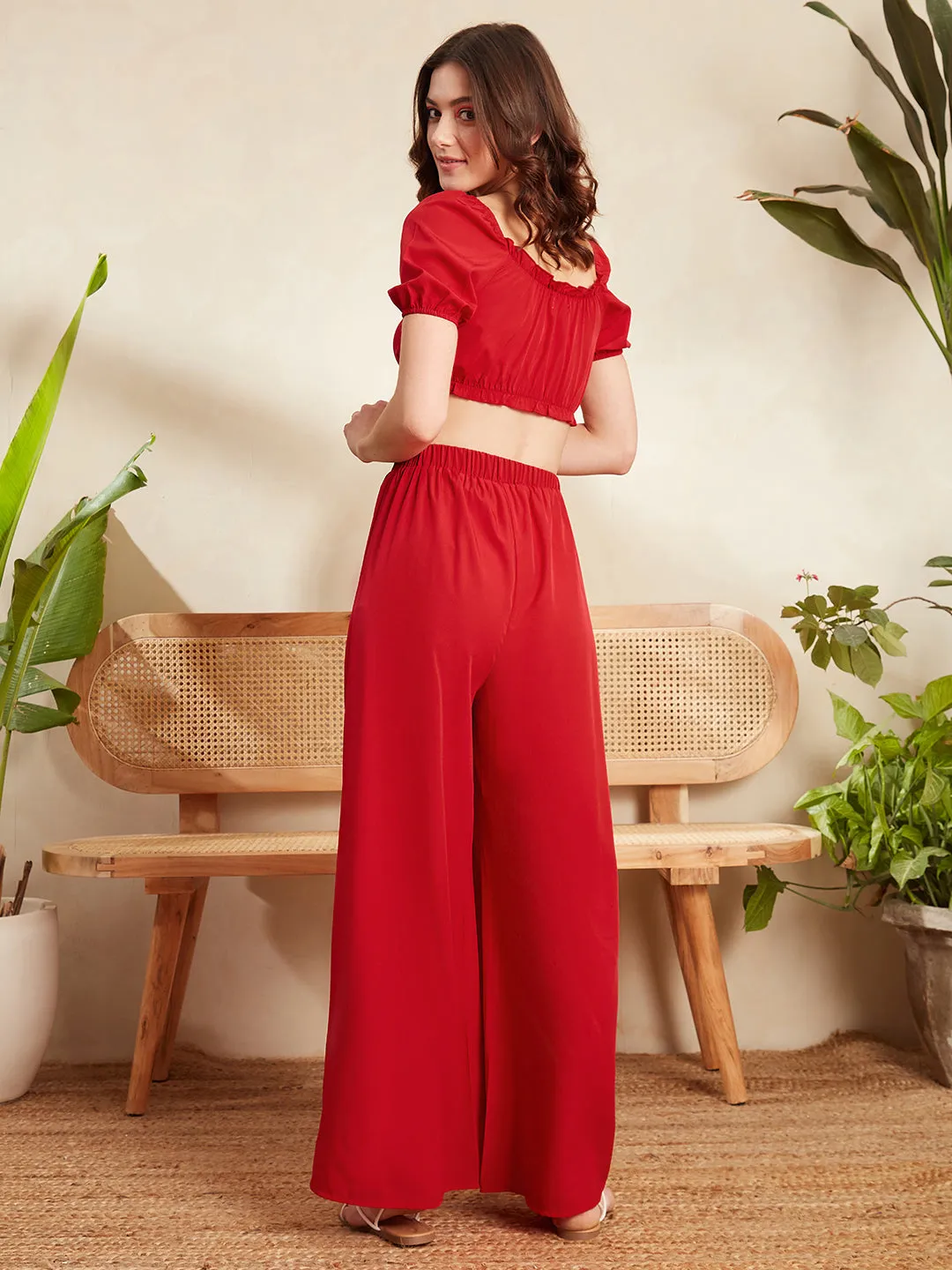 Berrylush Women Solid Red V-Neck Front Tie-Up Frilled Crop Top & Wide-Leg Pants Co-Ord Set