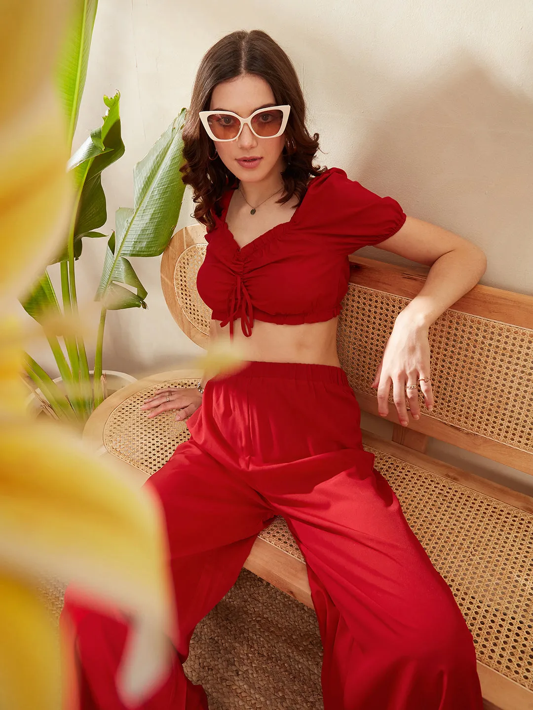 Berrylush Women Solid Red V-Neck Front Tie-Up Frilled Crop Top & Wide-Leg Pants Co-Ord Set