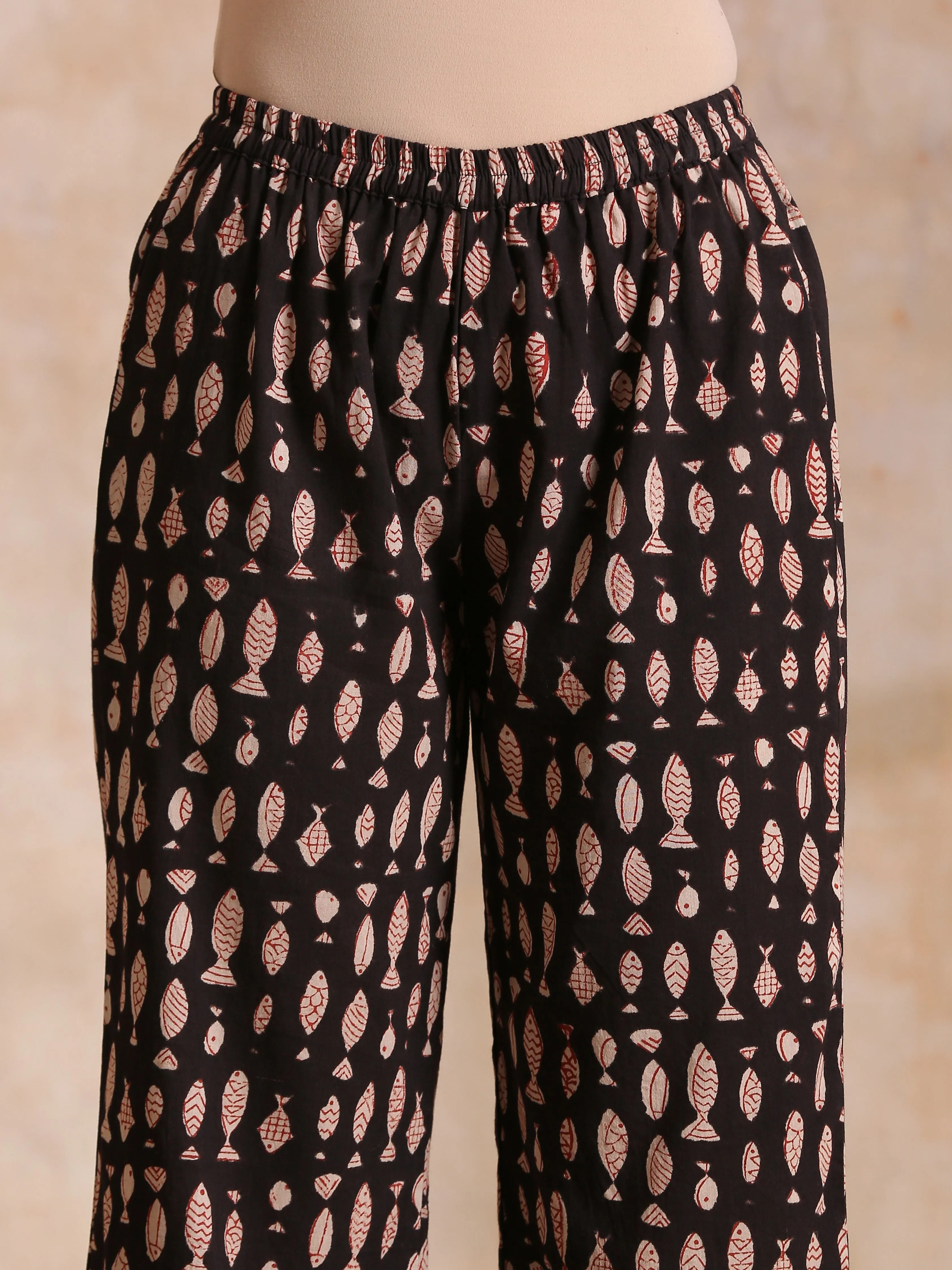 Black Fish Bagru Print Cotton Angrakha Pant Set