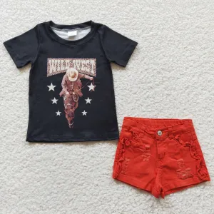 black T-shirts orange denim shorts set GSSO0254