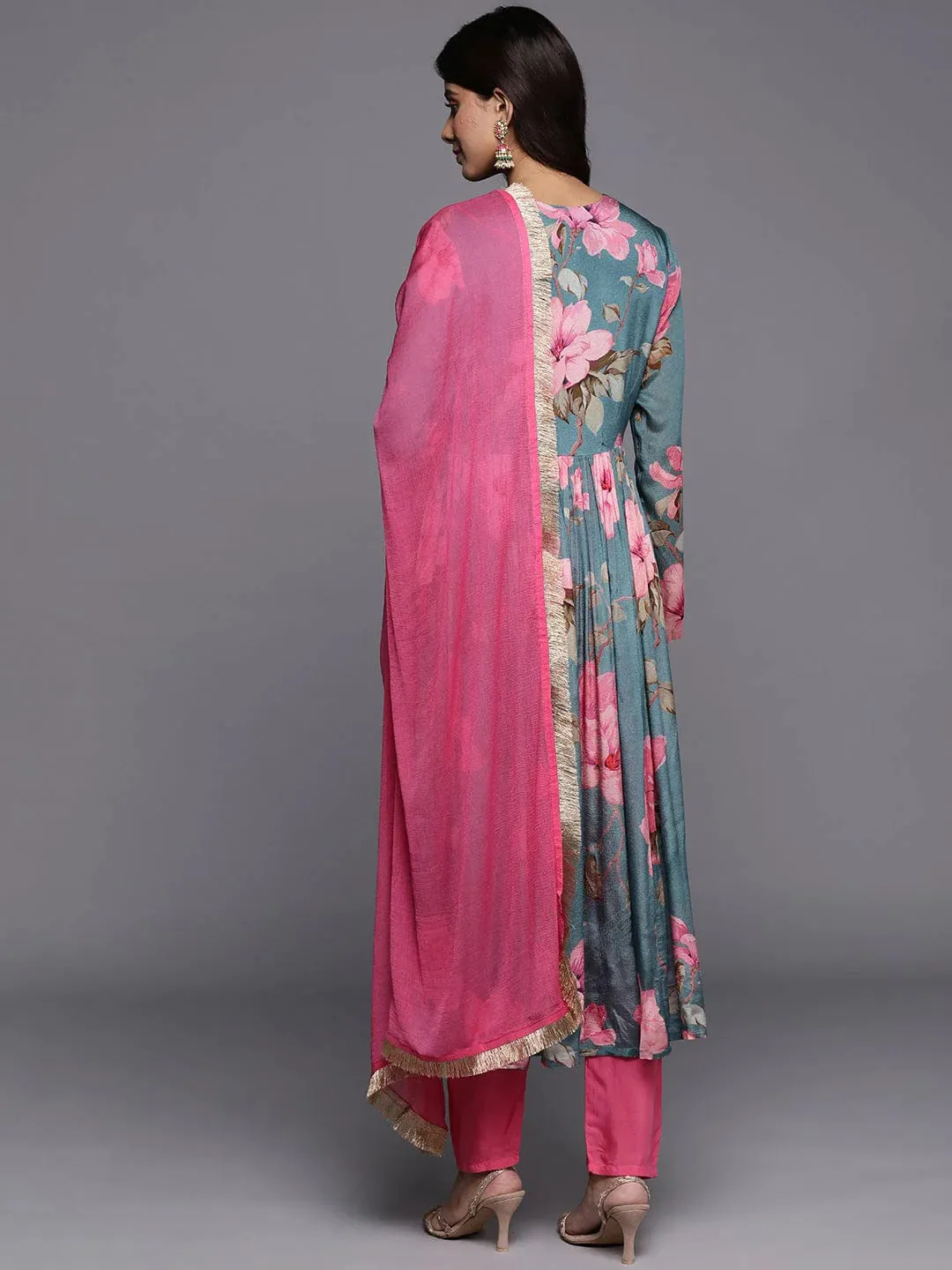 Blue Floral Printed Embroidered Silk Suit Set With Shantoon Pants And Silk Chiffon Dupatta