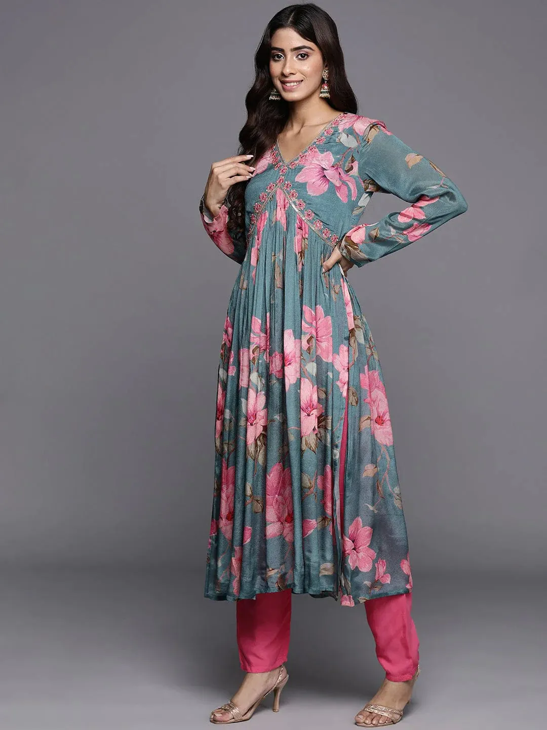 Blue Floral Printed Embroidered Silk Suit Set With Shantoon Pants And Silk Chiffon Dupatta