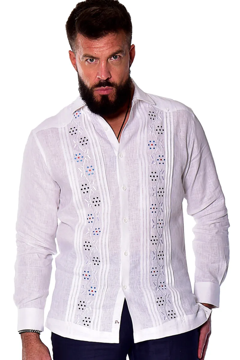 Bohio Mens 100% Linen Fancy Guayabera Style Shirt- Embroidered & Pin-Tucked in (3) Colors - MLFG2033