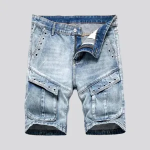 Boho style light wash men's denim shorts