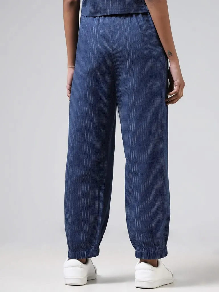 Bombay Paisley Blue Pinstriped Embroidered Blended Linen Ethnic Pants