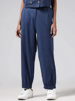 Bombay Paisley Blue Pinstriped Embroidered Blended Linen Ethnic Pants