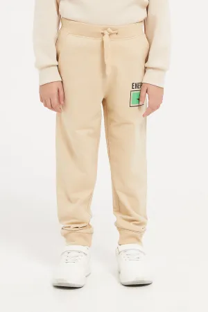 Boys Beige Printed Joggers