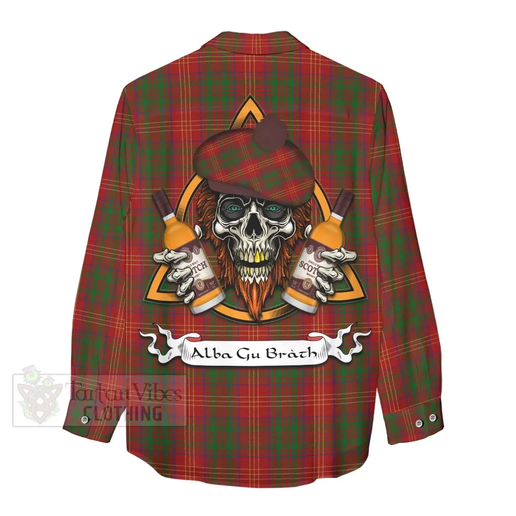 Burns Tartan Women's Casual Shirt with Family Crest and Bearded Skull Holding Bottles of Whiskey