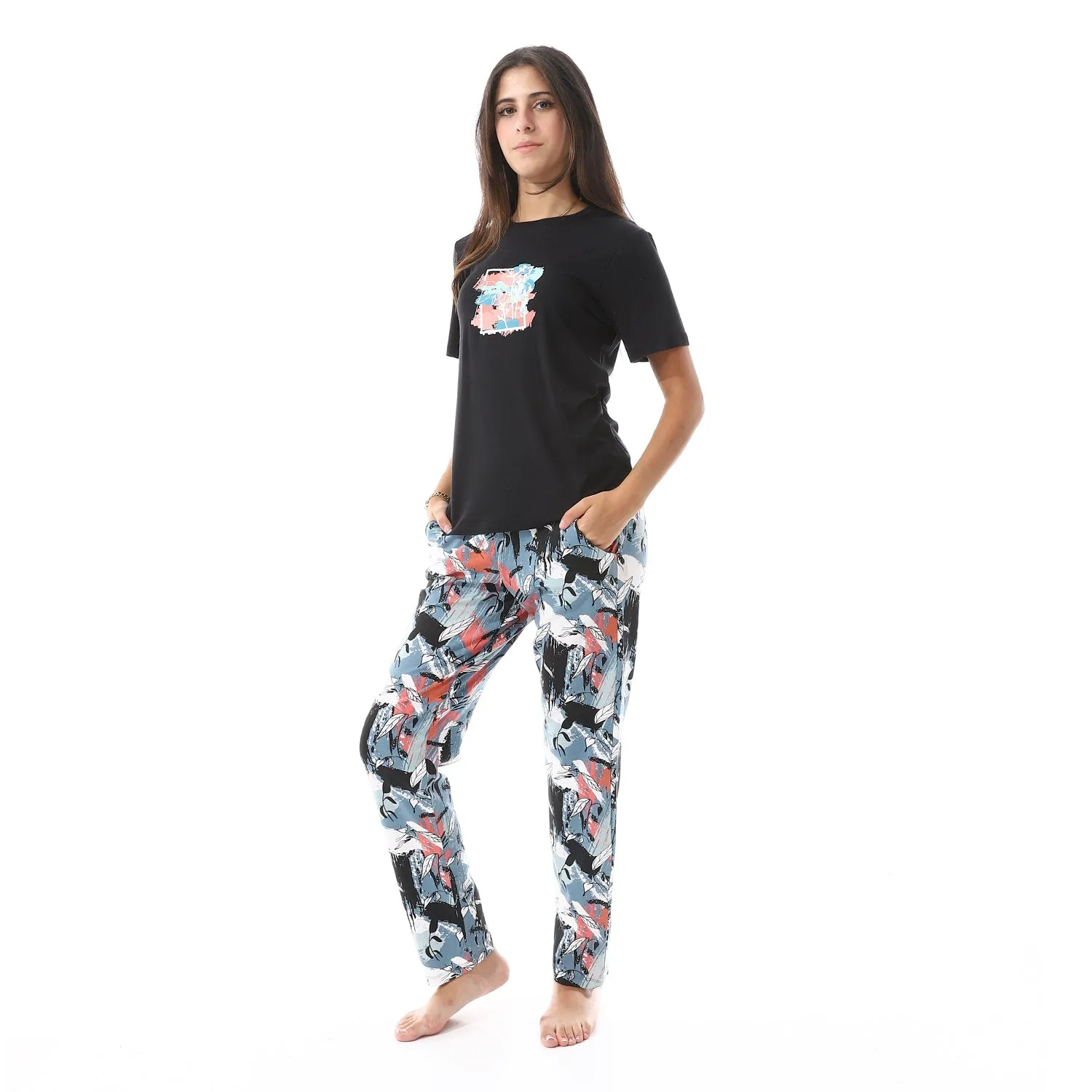 Cotton Tee & Patterned Pants Pajama Set - Black