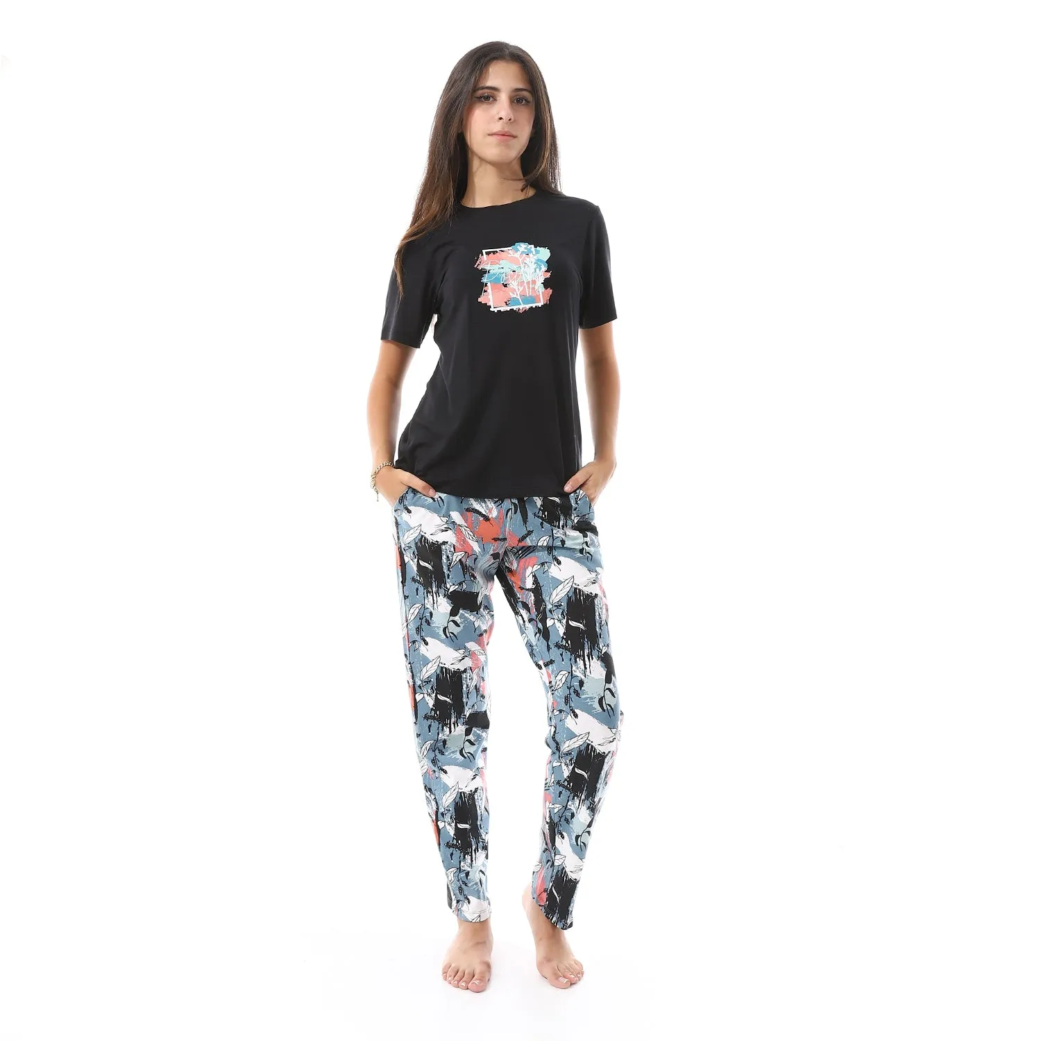 Cotton Tee & Patterned Pants Pajama Set - Black