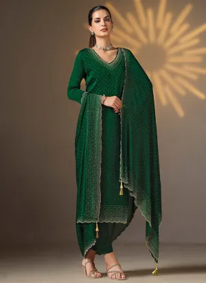 Dark Green Golden Embroidered Pant Style Suit