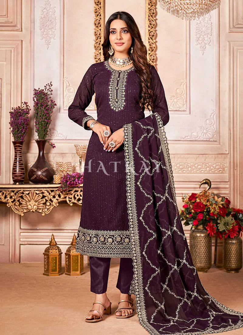 Dark Purple Embroidered Ethnic Georgette Salwar Kameez