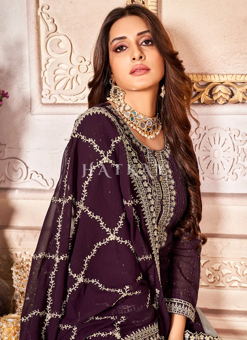 Dark Purple Embroidered Ethnic Georgette Salwar Kameez