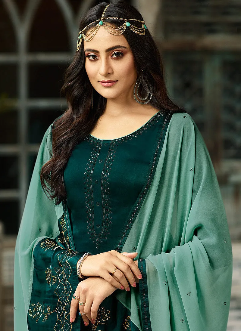 Deep Green Crystal Embroidered Churidar Suit