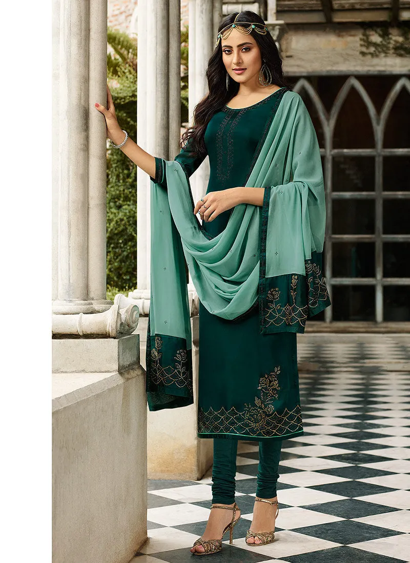 Deep Green Crystal Embroidered Churidar Suit