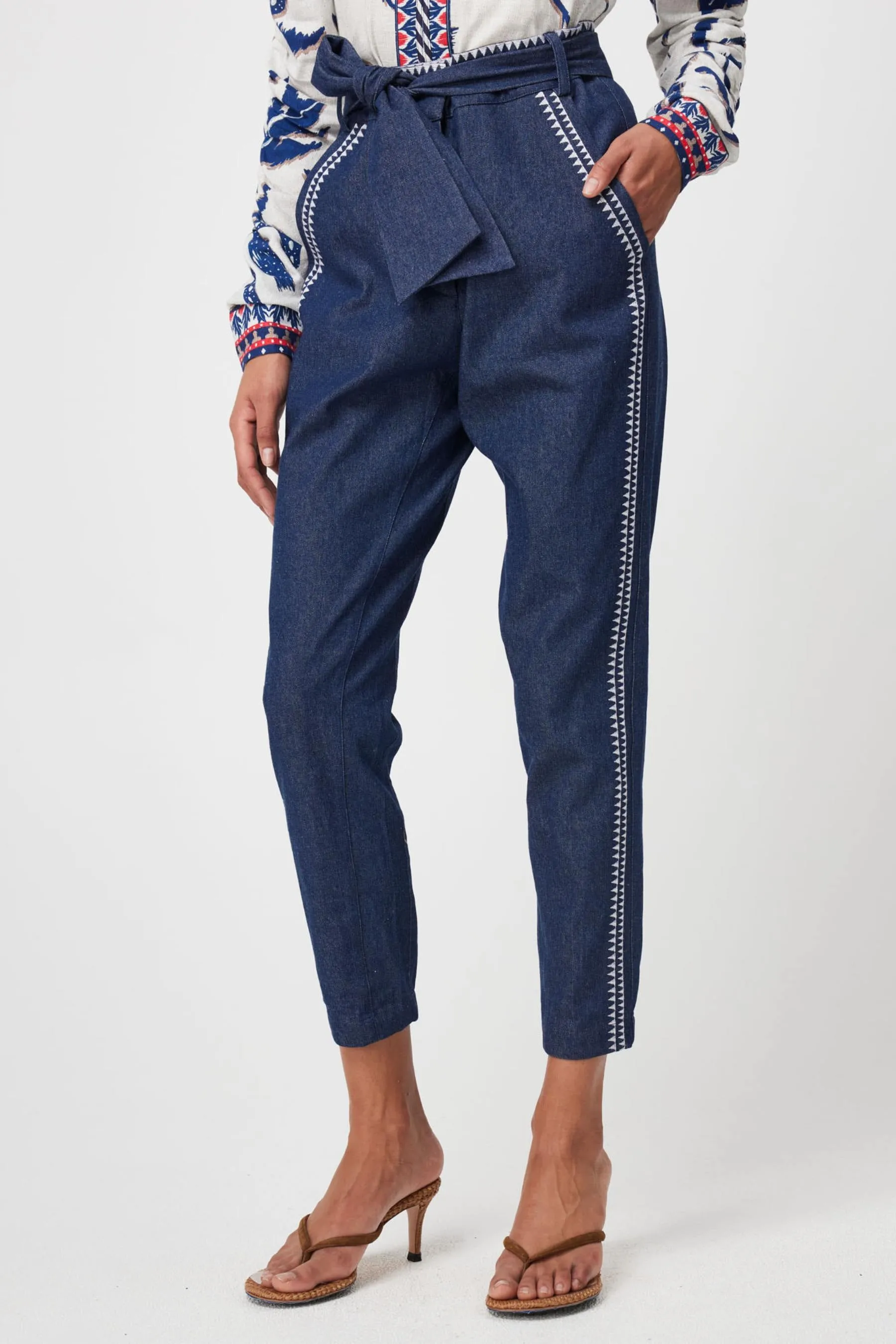 Delray Embroidered Cotton Denim Pant | Dark Denim