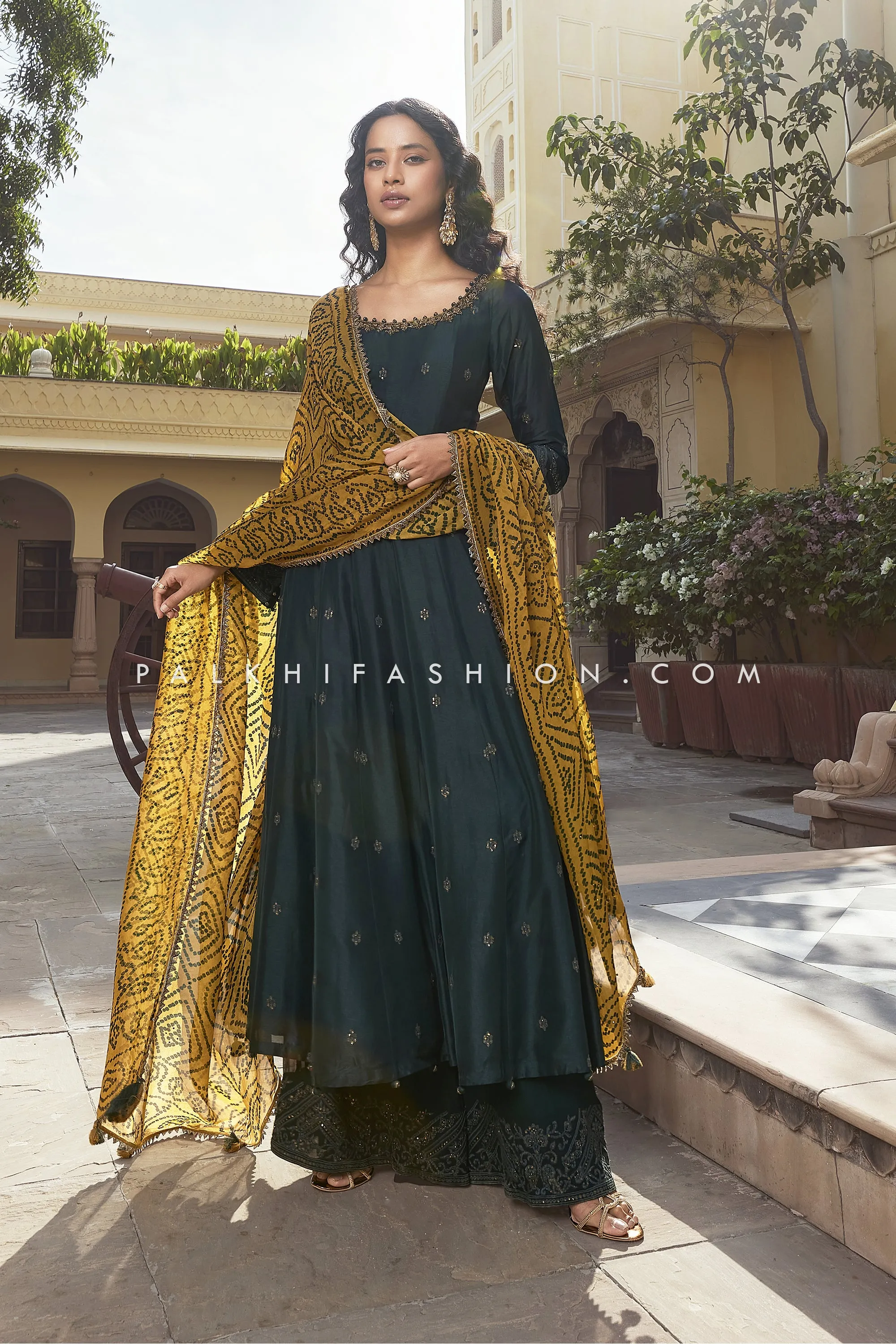 Emerald Green Anarkali Palazzo Suit With Bandhani Dupatta