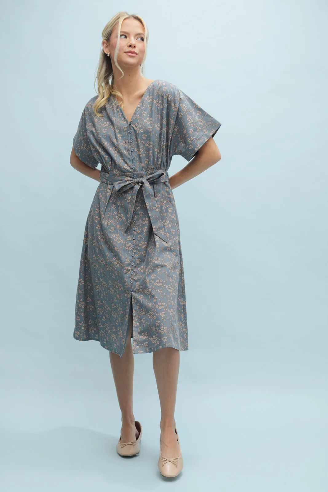 Floral Belted Dress- Teal/Mocha