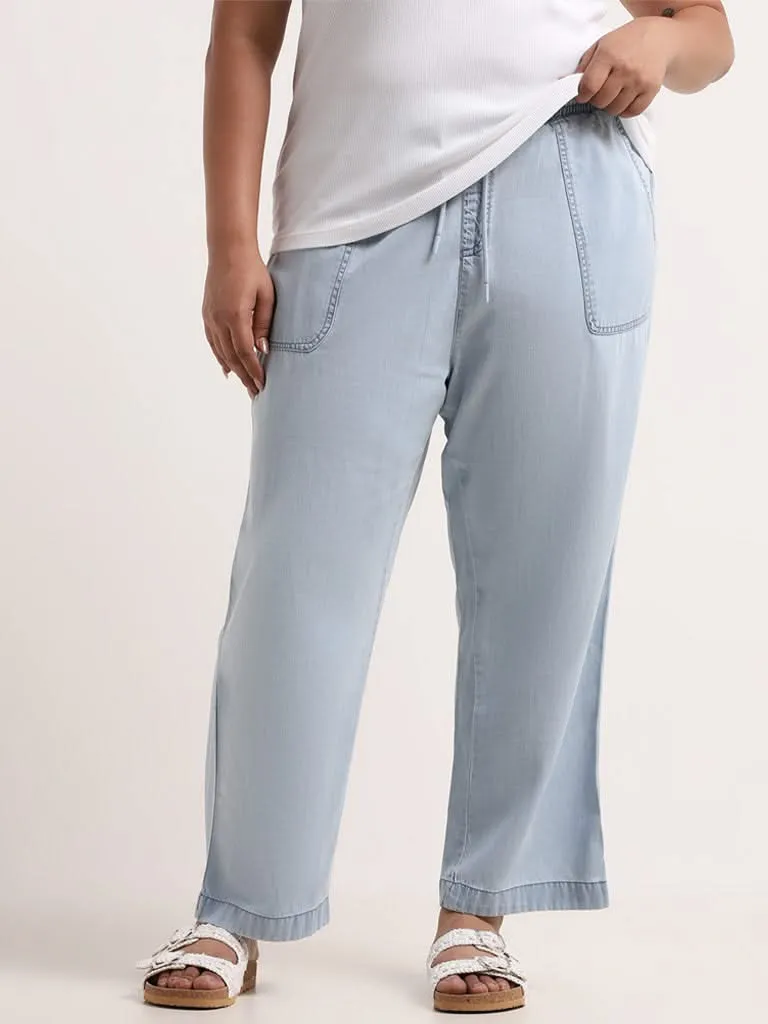 Gia Light Blue Chambray Cotton Blend Straight-Fit Pants