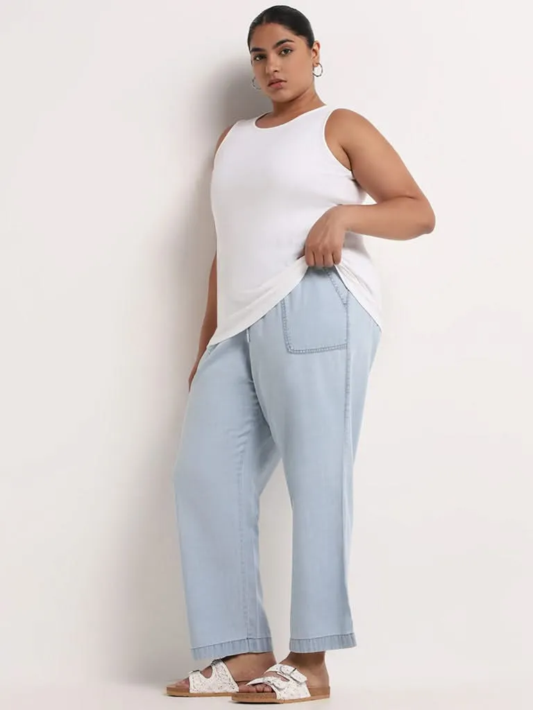 Gia Light Blue Chambray Cotton Blend Straight-Fit Pants