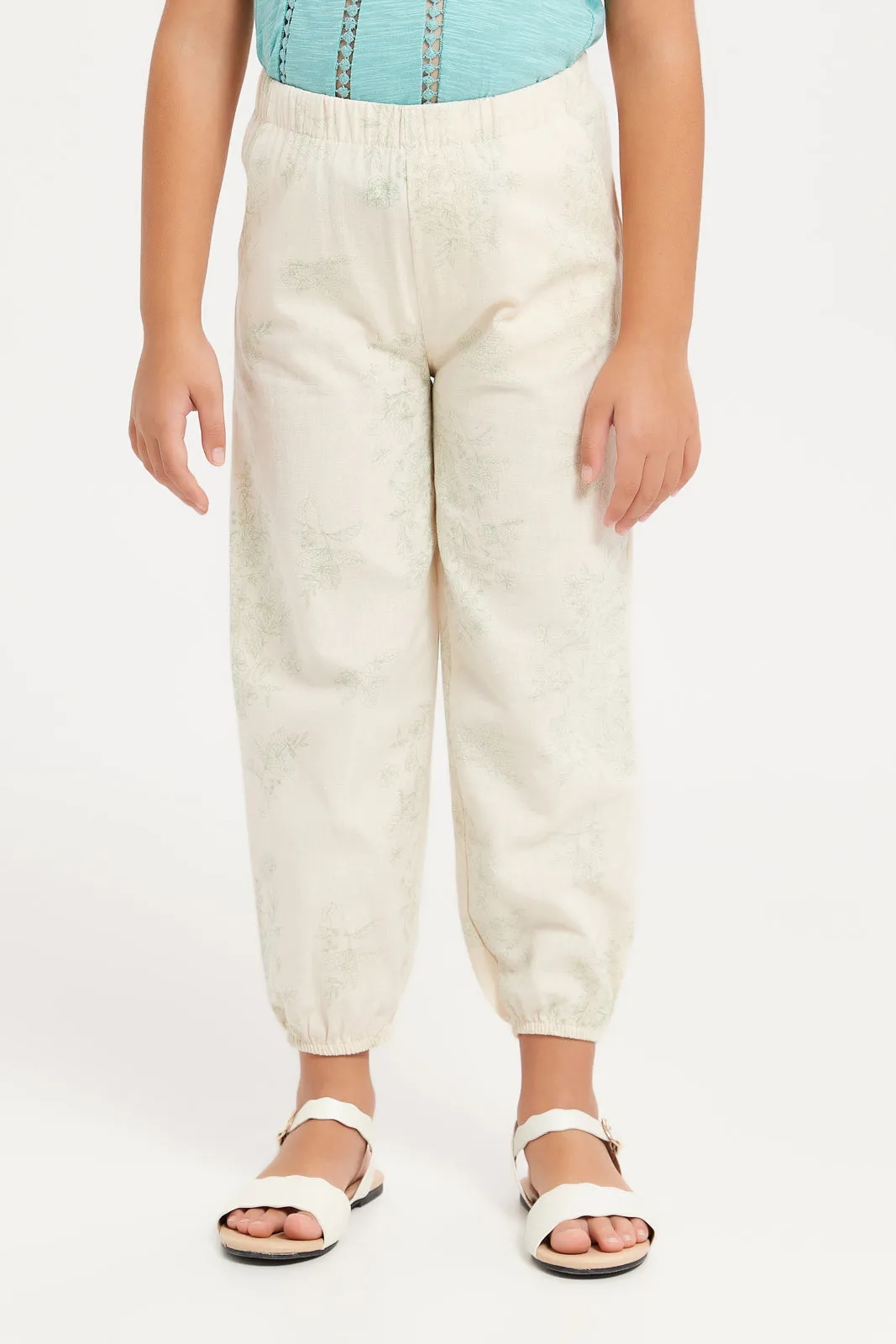 Girls Beige Printed Jog Fit Trouser