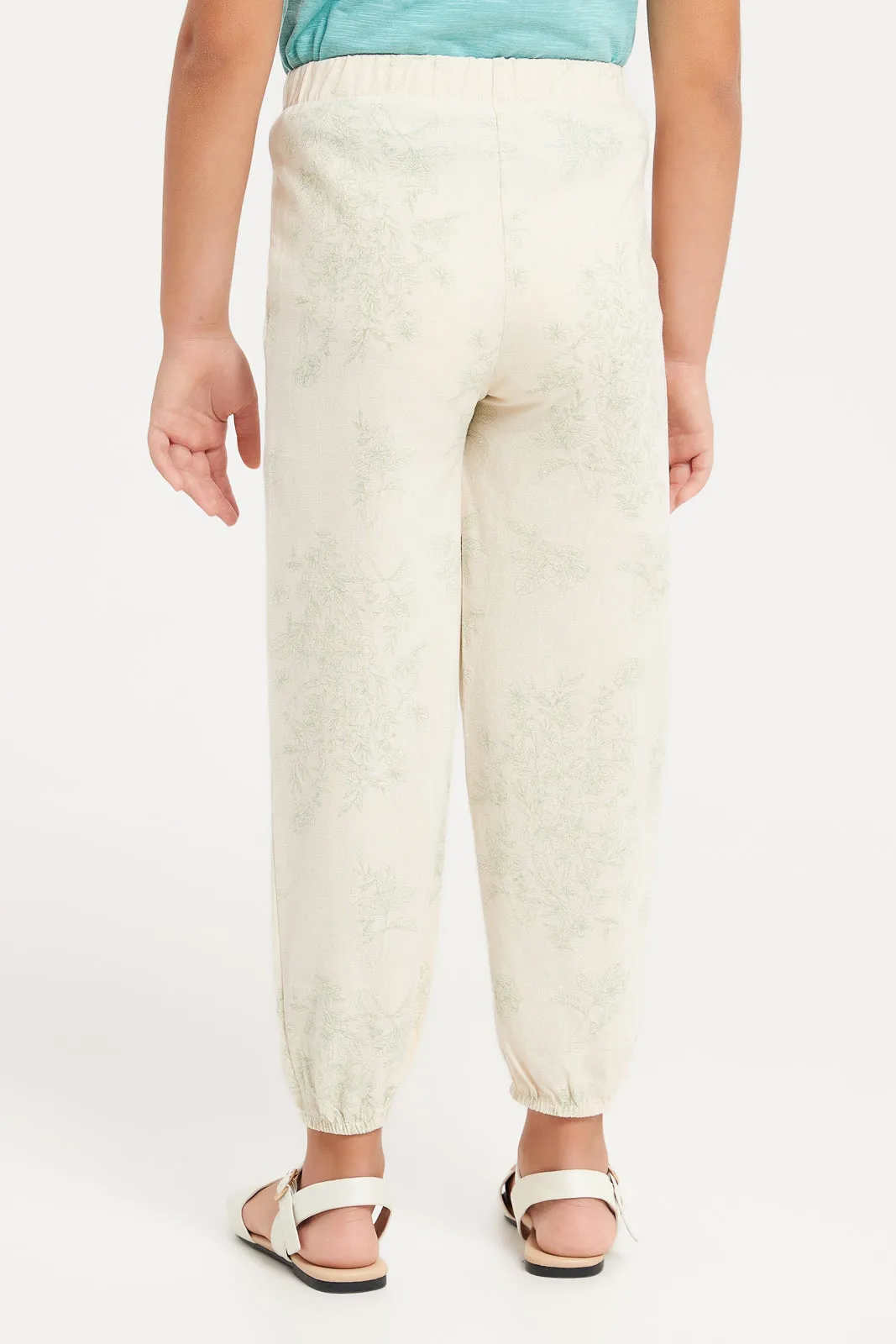 Girls Beige Printed Jog Fit Trouser