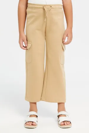 Girls Beige Wide Leg Cargo Track Pants